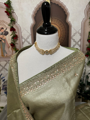 Lightweight Gotta Patti Embroidery Pure Tussar Silk Saree | Sage Green | Hand Embroidery | Ships from California
